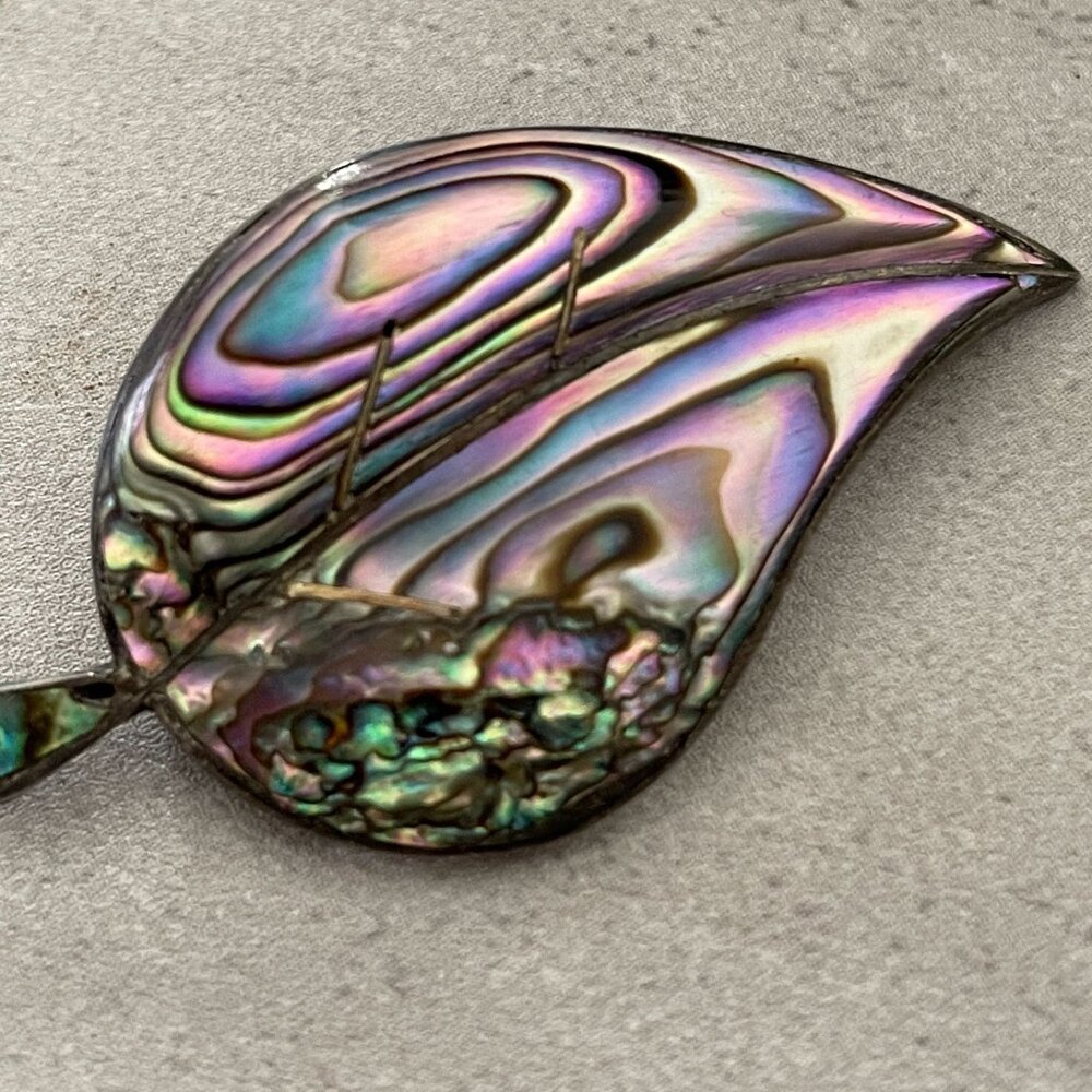 Vintage Abalone Inlay .925 Sterling Silver Leaf Brooch Pin Beto Taxco Mexico 2" - Picture 6 of 6